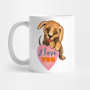 Cute dog. Baby pets. Puppy friendship love. Mug